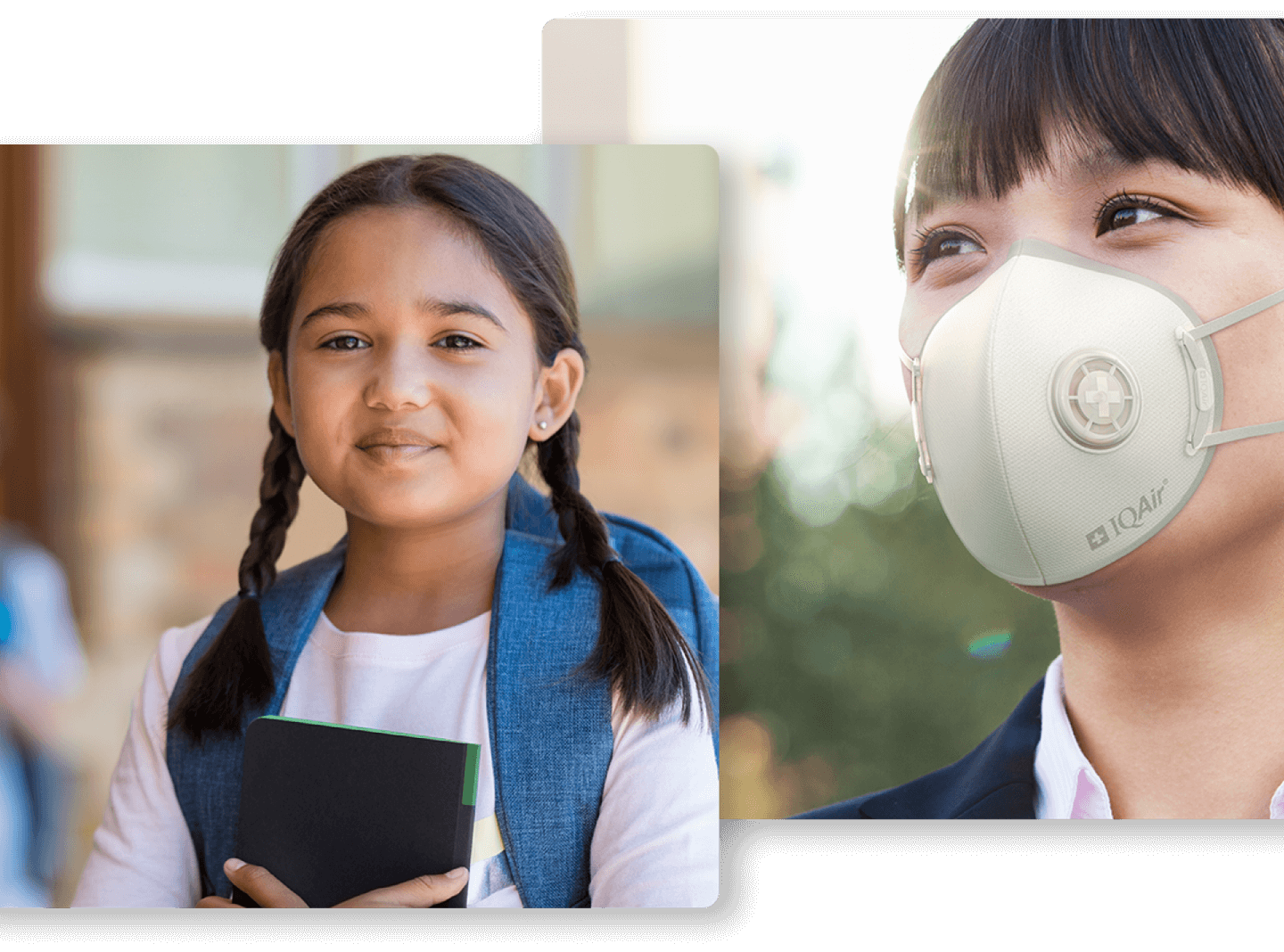 child in foreground, woman with IQAir mask in background.